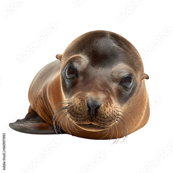 Fototapeta Adorable baby sea lion with big curious eyes looks directly at the camera.