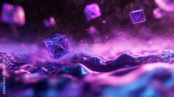Obraz Floating geometric shapes and vibrant waves amidst a futuristic purple and blue aura