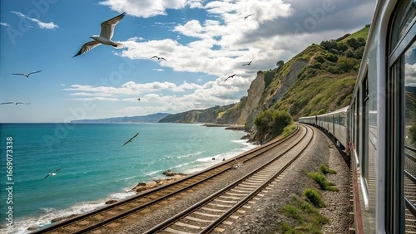 Fototapeta Enjoy a picturesque train ride along the coastline witnessing the ocean waves crash against cliffs while seagulls soar overhead in the clear skies