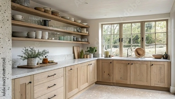 Obraz This inviting kitchen features pale oak cabinetry elegant dishware on open shelves and a calming view of greenery ideal for cooking and relaxation