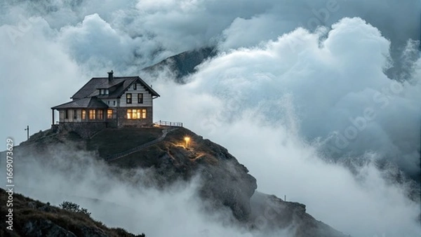 Fototapeta A surreal house stands on a mountain peak illuminated from within surrounded by thick clouds in twilight creating an enchanting and mysterious atmosphere