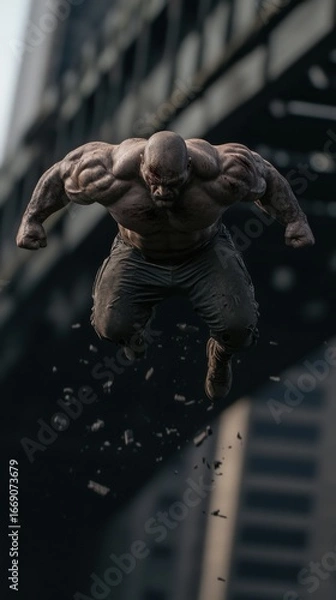 Fototapeta Muscular man leaping from building with intense focus and strength