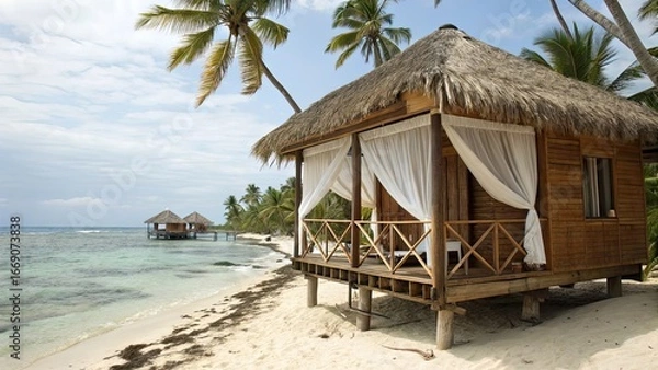 Fototapeta A picturesque beach hut raised on stilts offers stunning views of gentle ocean waves and lush palm trees creating a tranquil tropical paradise atmosphere