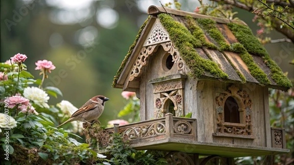 Fototapeta A charming bird house designed like a tiny cottage stands amidst blooming flowers while a sparrow perches near enjoying the tranquil day