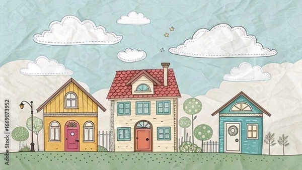 Obraz Delightful paper village showcases three colorful houses with unique designs against a light blue sky adorned with fluffy clouds surrounded by greenery