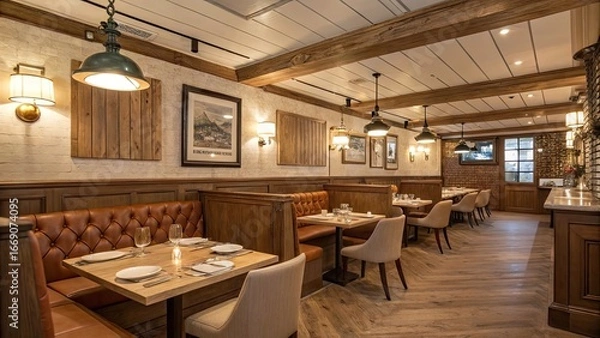 Fototapeta Stylish dining space features rich wooden accents vintage art and cozy seating creating a warm atmosphere for enjoying meals with friends and family