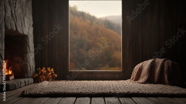 Fototapeta Cozy cabin interior with fireplace and forest view through large window