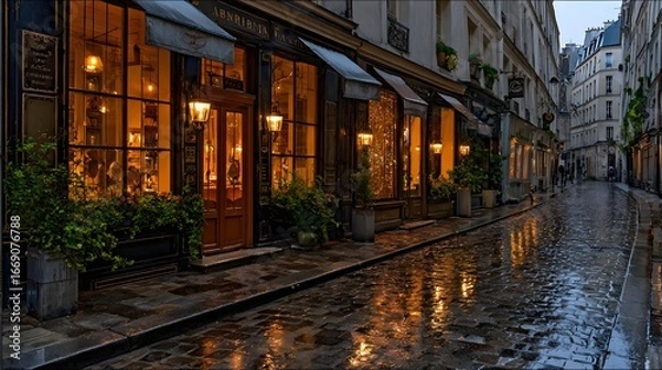 Fototapeta A charming Parisian alleyway, bathed in warm light from shop windows, reflects on a wet cobblestone street.