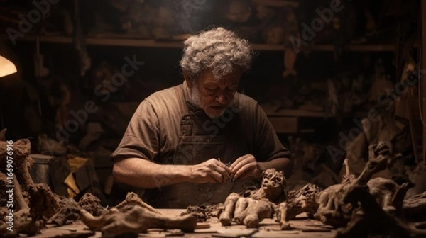Obraz Skilled artisan shaping clay sculptures in a dimly lit workshop