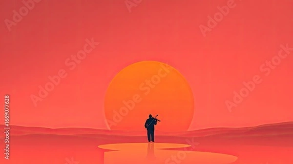 Fototapeta Silhouette of a person playing a violin at sunset.