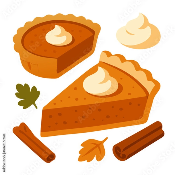 Obraz pumpkin pie slices with whipped cream toppings and cinnamon sticks on white background for thanksgiving dessert