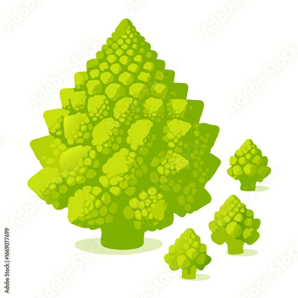 Obraz a vibrant green romanesco broccoli vegetable with three smaller florets beside it on a white background in a digital illustration style