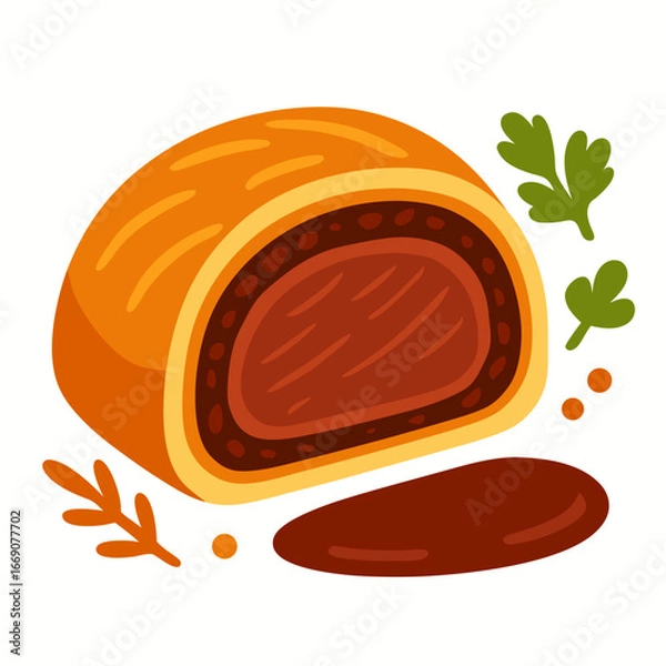 Obraz a delicious cartoon beef wellington pastry dish cut open with savory filling and herbs on white background for culinary or food related concepts