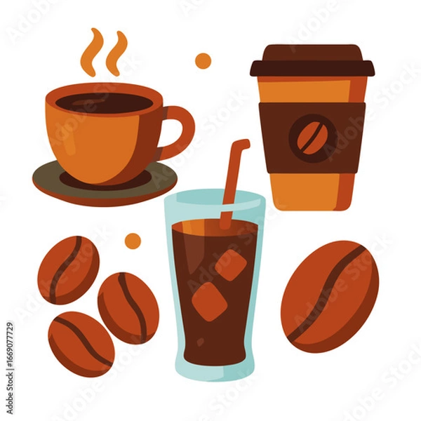 Obraz a set of coffee drinks and beans on a white background in a colorful flat illustration style for cafe or restaurant advertising or menu design