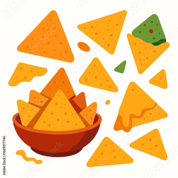 Obraz A bowl of colorful nacho chips spilling out in a playful messy pile on a white background
