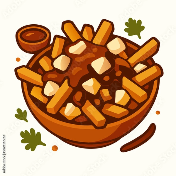 Obraz A vibrant cartoon illustration of a bowl filled with poutine, a classic canadian dish consisting of crispy french fries smothered in rich brown gravy and melted cheese curds,