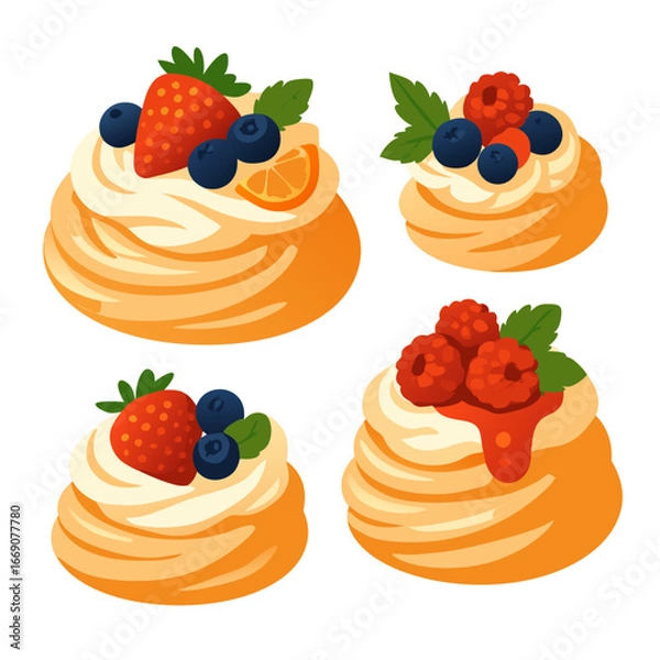 Obraz four orange desserts with cream and berries on top are arranged in a square on a white background for food illustration