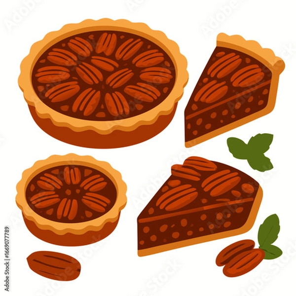 Obraz pecan pie with slices cut out on white background with nuts and leaves