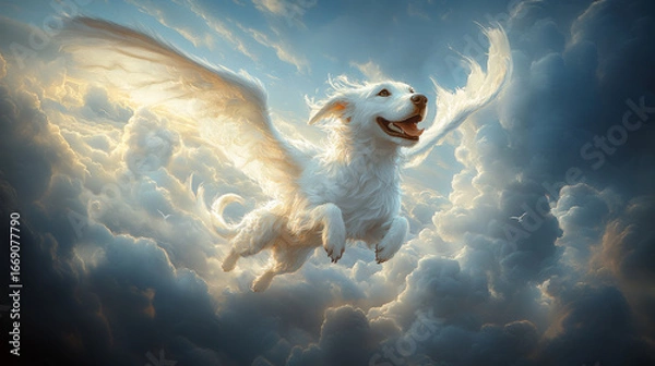 Fototapeta Flying dog with wings cartoon character surrounded by a cloud landscape.	