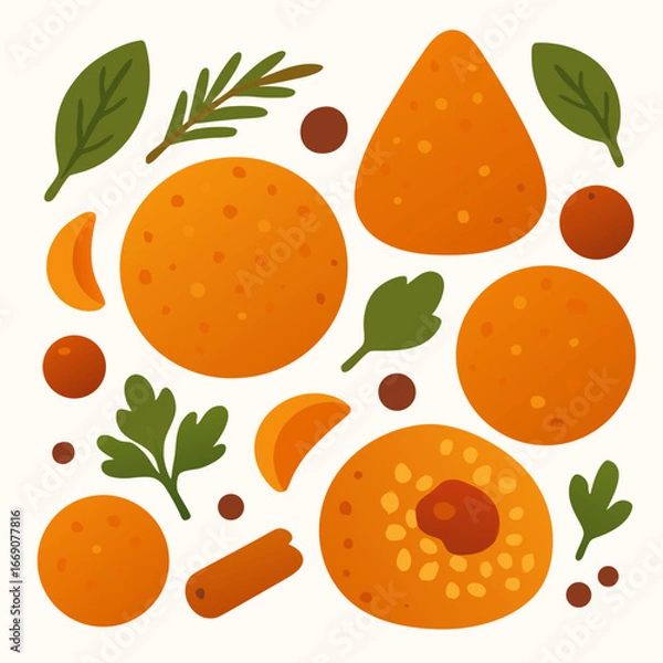 Obraz cartoon oranges and leaves on white background