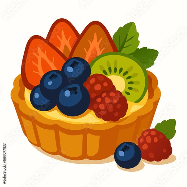 Obraz a colorful cartoon illustration of a fruit tart with blueberries raspberries kiwi and orange slices on a white background for food graphic design