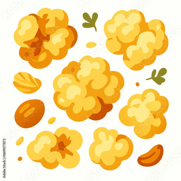 Obraz a colorful illustration of popcorn and nuts on a white background in a graphic style for food and snack themes
