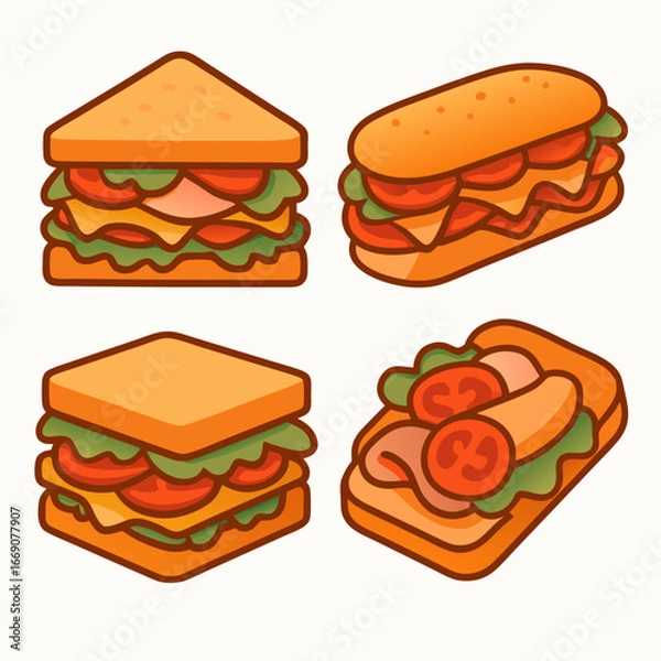 Obraz four cartoon sandwiches with various fillings displayed on white background