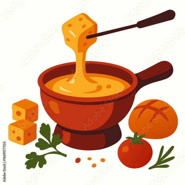 Obraz a delicious chunk of cheese being dipped into a warm fondue pot with vegetables and bread on a table