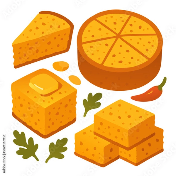 Obraz a colorful illustration of various types cheese with herbs and chili on white background for food design