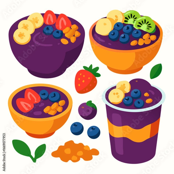 Obraz a vibrant illustration of acai bowls and smoothies topped with sliced bananas strawberries blueberries kiwi and granola in colorful bowls and cups on a clean white background