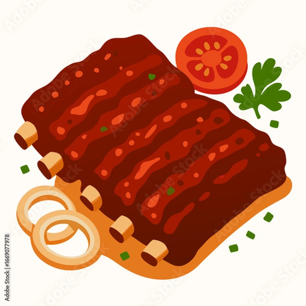 Obraz a plate of delicious barbecue ribs with tomato onion and parsley on a table