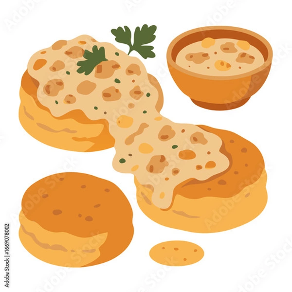 Obraz a plate of biscuits smothered in creamy chicken gravy beside a bowl
