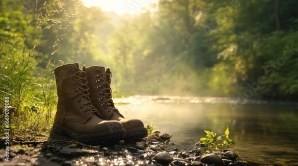 Fototapeta Pair of hiking boots by a serene riverbank in sunlit forest landscape