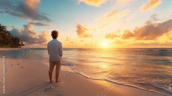Obraz Serene sunset beach scene with solitary person admiring the view