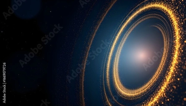 Fototapeta Golden cosmic rings swirl around a bright central light source in a dark, deep space background.
