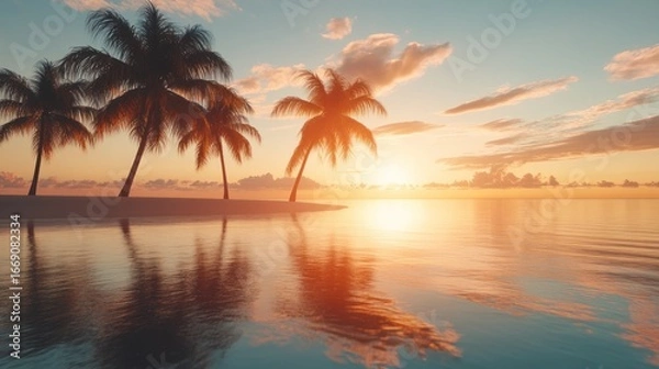Fototapeta Tropical island paradise at sunset. Silhouettes of palm trees on a sandy beach, reflected in calm ocean water.  Warm, golden hues of the setting sun paint the sky