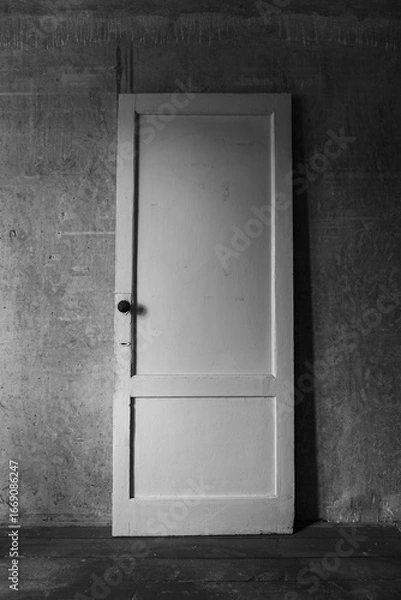 Fototapeta Vintage wooden door with a round knob standing against an old textured concrete wall. Black and white minimal composition with rustic atmosphere