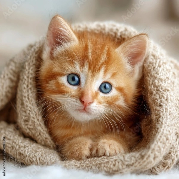 Obraz Adorable Ginger Kitten Snuggled in Knitted Blanket