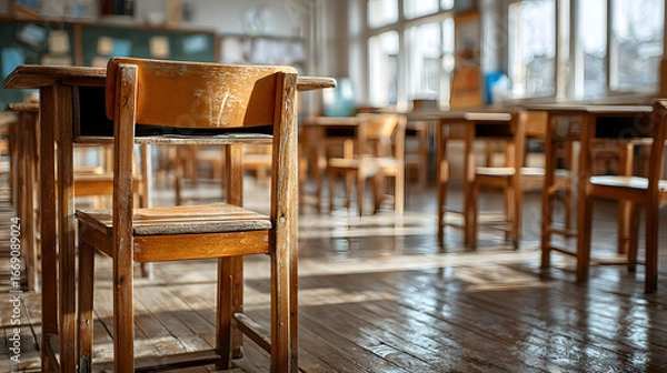 Fototapeta Blurred empty classroom in an elementary school or hgh school with desks and cairs