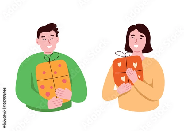 Fototapeta Happy people with gifts in their hands. A guy and a girl exchanged boxes with ribbons. Vector flat graphics.