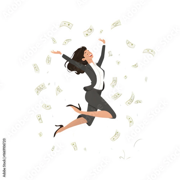Obraz Flat vector businesswoman celebrating with flying banknotes, isolated on white.