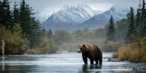 Fototapeta Majestic Bear Standing in Clear River Surrounded by Breathtaking Mountains Creating a Wild and Natural Scene Full of Life and Serenity in Nature