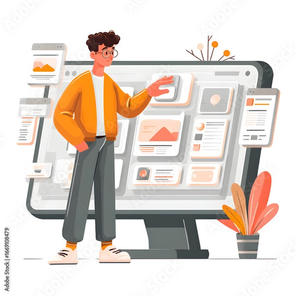 Obraz Flat vector man customizing interface buttons on a screen, isolated on white.