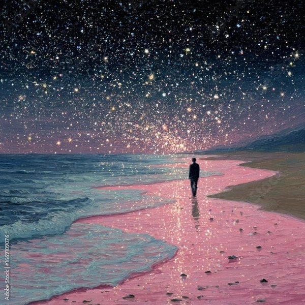 Fototapeta A man is walking on a beach at night