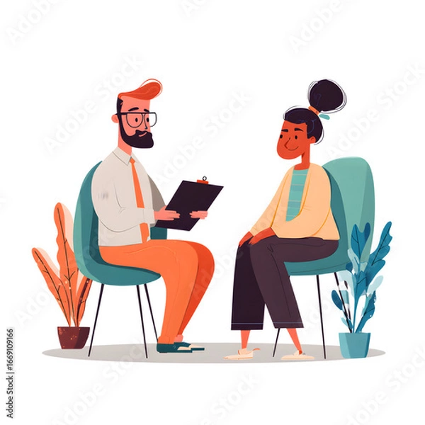 Obraz Flat vector UX researcher interviewing a user, isolated on white.