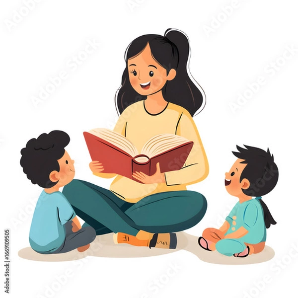 Fototapeta Flat vector woman reading a book aloud to children, isolated on white. --v 6.1