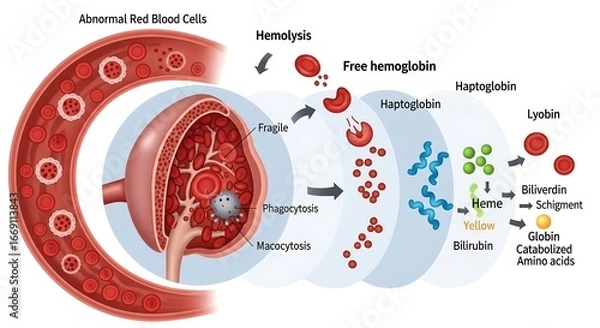 Fototapeta A detailed medical illustration of the biological pathway of hemolysis, showing the breakdown of abnormal red blood cells and hemoglobin catabolism