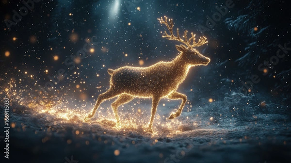 Obraz Magical glowing reindeer made of golden lights running through snowy forest at night, sparkling particles fly around. Enchanting festive Christmas Santa tracker atmosphere.