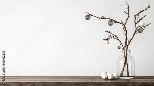 Fototapeta Minimalist Winter Still Life: Bare Branches Adorned with Silver and White Ornaments in Glass Vase
