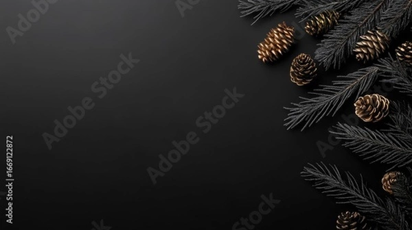 Fototapeta Elegant Black and Gold Christmas Composition: Pine Cones and Branches